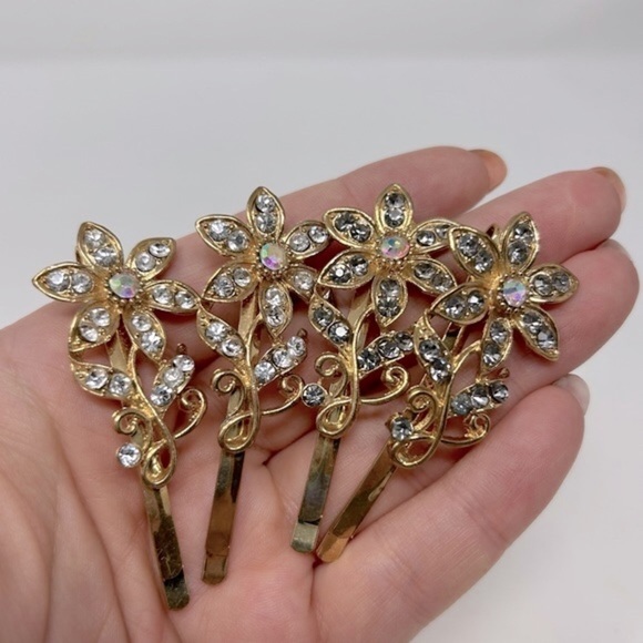 Set of 4 Floral Rhinestone Hair Bobby Pins Leaves Aurora Borealis Sparkle Beads - Picture 1 of 7
